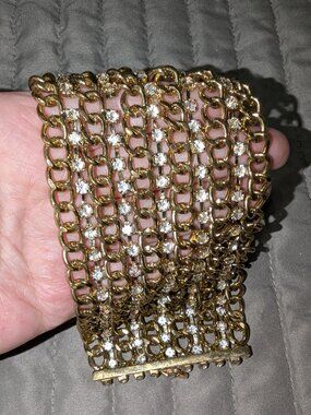 $3 with Bundle ~ Wide Multi Row Curb Chain Cuff Bracelet Rhinestone 6495